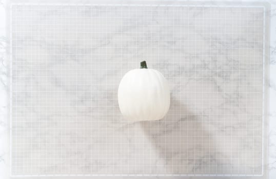 Flat lay. Painting panda face with black acrylic paint to make panda pumpkin for Halloween.