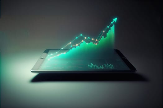 tablet with holographic graphs and stock market statistics. business chart arrow stock graph or investment financial data profit on digital display. download image