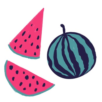 Hand drawn illustration of pink blue teal watermelon in simple minimalist style. Summer fruit party decor, healthy organic vegetarian vegan food, fresh tasty dessert slice closeup. Retro vintage style