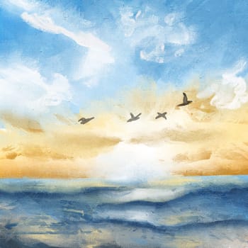 Hand drawn illustration of evening sky sunset, sea ocean water surface yellow blue colors, shiny shimmer reflection, sunrise cold clouds, clear summer travel, oil paint texture sketch painting