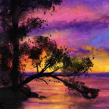 Hand drawn illustration of evenng sky sunset, sea ocean water surface orange colors, shiny shimmer reflection, dark tree, sunrise cold purple lilac clouds, clear summer travel, oil paint texture sketch painting