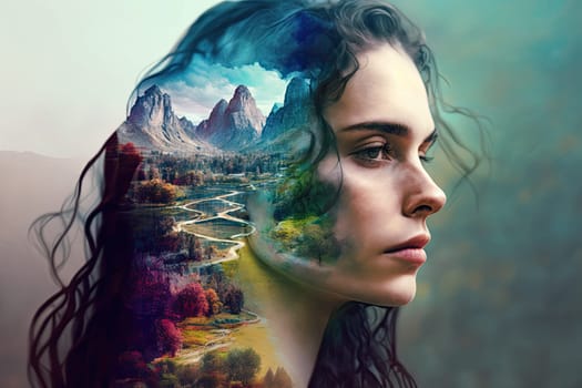 Abstract art of rainbow coloring in forest and beautiful facial woman with double exposure concept. Photo realism of nature overlapped with peaceful human. Glorious generative AI.
