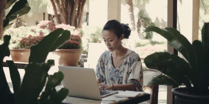 Business person using laptop computer in luxury hotel lobby candid view. superlative generative AI image.