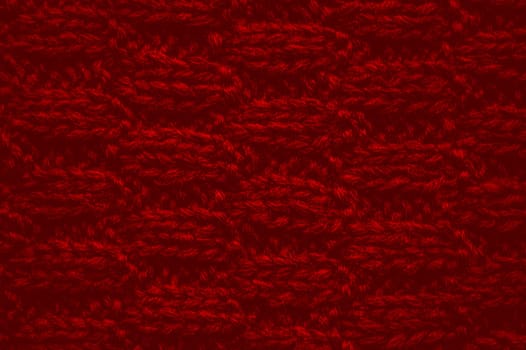 Macro Knitted Fabric. Organic Woven Sweater. Cotton Handmade Holiday Background. Abstract Wool. Red Fiber Thread. Scandinavian Xmas Print. Weave Jumper Wallpaper. Structure Knitted Wool.