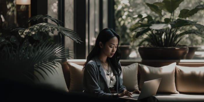 Business person using laptop computer in luxury hotel lobby candid view. superlative generative AI image.