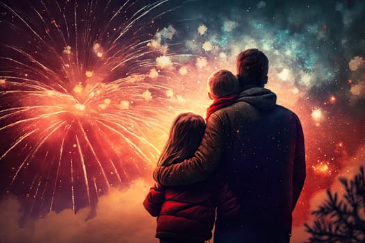 hugging happiness family while fireworks coloring the sky. Glorious Generative AI.