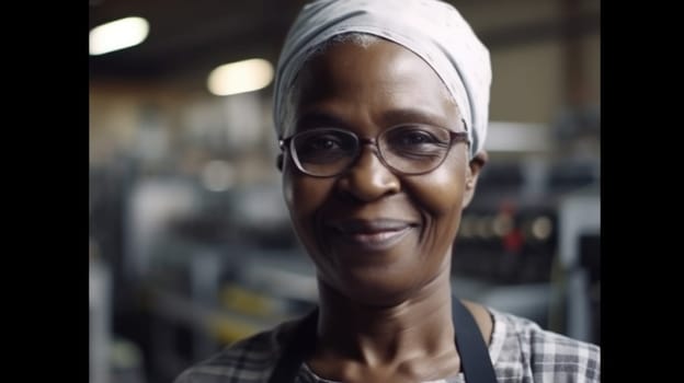 A smiling senior African female electronic factory worker standing in factory. Generative AI AIG19.