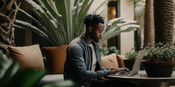 Business person using laptop computer in luxury hotel lobby candid view. superlative generative AI image.