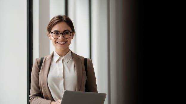 Ambitious and positive businesswoman, smiling face, holding laptop, standing in office. Generative AI AIG20.