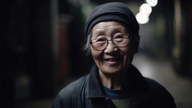 A smiling senior Chinese female factory worker standing in metal sheet factory. Generative AI AIG19.