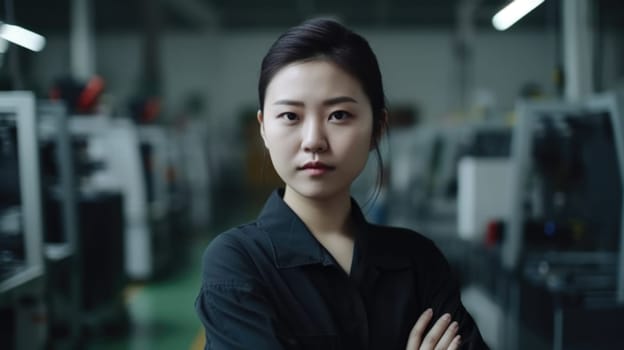 A smiling Chinese female electronic factory worker standing in factory. Generative AI AIG19.