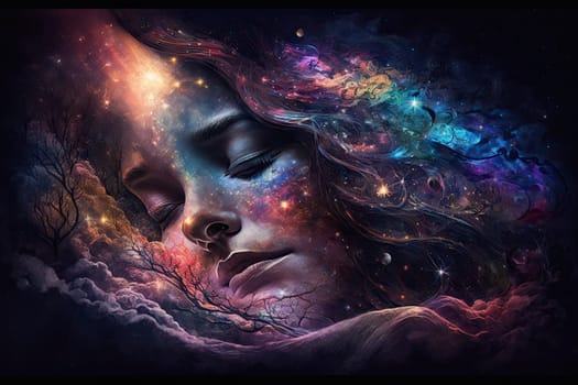 Abstract art of sitting woman among galaxy in mental health of vastness with nebula and star background. Concept of mind dwelling with space and astrology in creative artwork. Glorious Generative AI.