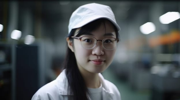 A smiling Chinese female electronic factory worker standing in factory. Generative AI AIG19.