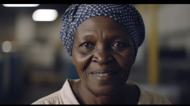 A smiling senior African female electronic factory worker standing in factory. Generative AI AIG19.