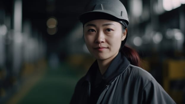 A smiling Chinese female factory worker standing in oil refinery plant. Generative AI AIG19.