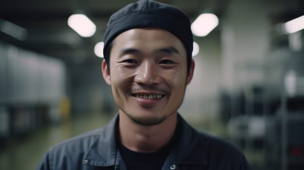 A smiling Chinese male electronic factory worker standing in factory. Generative AI AIG19.