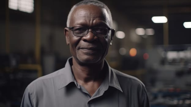 A smiling senior African male electronic factory worker standing in factory. Generative AI AIG19.