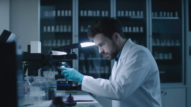 A male biomedical scientist with white gown working in laboratory. Generative AI AIG21.