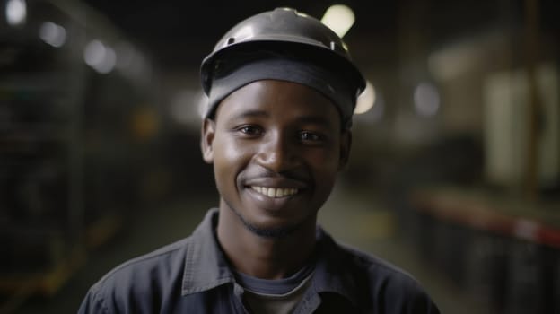 A smiling African male factory worker standing in metal sheet factory. Generative AI AIG19.