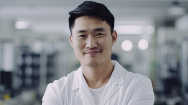 A smiling Chinese male electronic factory worker standing in factory. Generative AI AIG19.