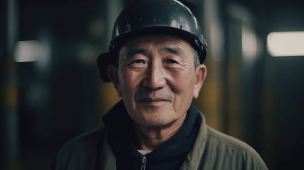 A smiling senior Chinese male factory worker standing in oil refinery plant. Generative AI AIG19.