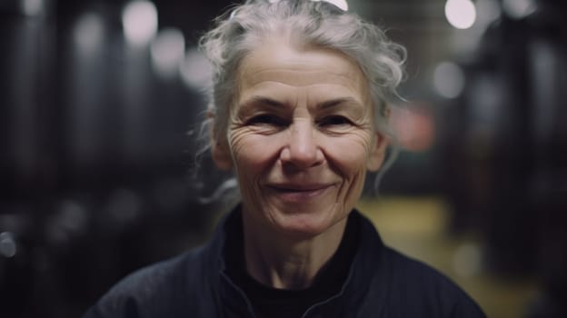 A smiling senior Swedish female factory worker standing in oil refinery plant. Generative AI AIG19.