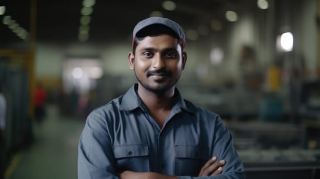 A smiling Indian male factory worker standing in metal sheet factory. Generative AI AIG19.