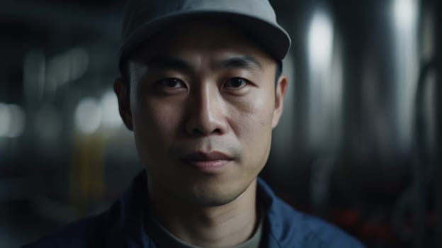 A smiling Chinese male factory worker standing in oil refinery plant. Generative AI AIG19.