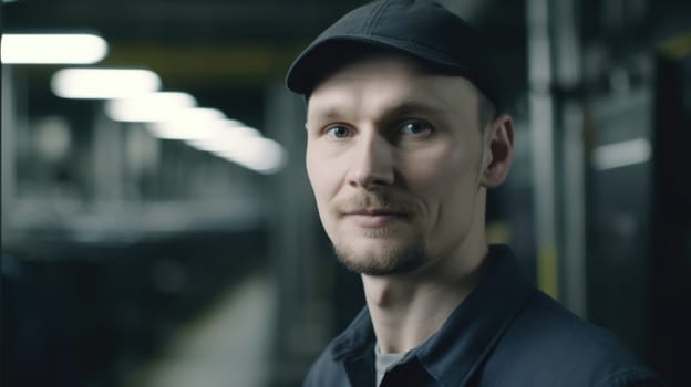 A smiling Swedish male electronic factory worker standing in factory. Generative AI AIG19.