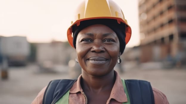 A smiling senior African female construction worker standing in construction site. Generative AI AIG19.