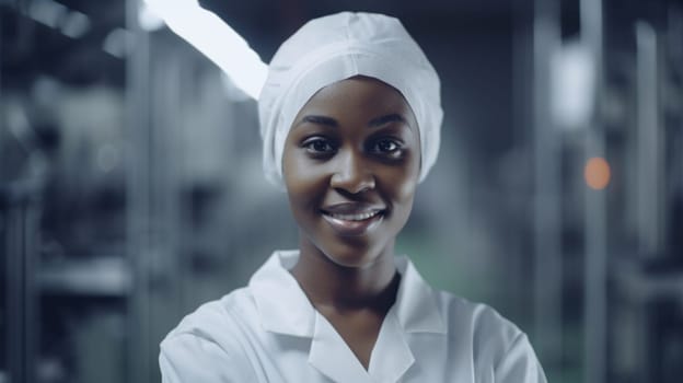 A smiling young African female electronic factory worker standing in factory. Generative AI AIG19.