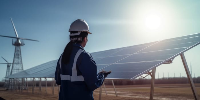 Back view of female engineer working at solar farm wearing hard hat. Generative AI AIG20.