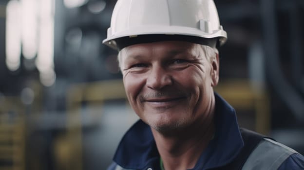 A smiling senior Swedish male factory worker standing in oil refinery plant. Generative AI AIG19.