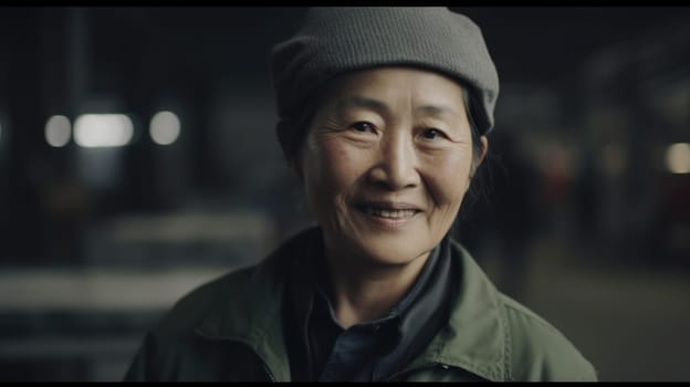 A smiling senior Chinese female electronic factory worker standing in factory. Generative AI AIG19.