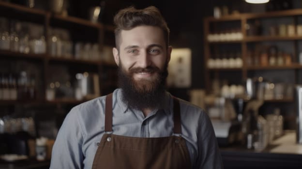 Smiling Caucasian male barista wearing apron standing in coffee shop looking at camera. Generative AI AIG21.