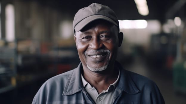 A smiling senior African male electronic factory worker standing in factory. Generative AI AIG19.