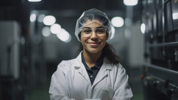 A smiling young Hispanic female electronic factory worker standing in factory. Generative AI AIG19.