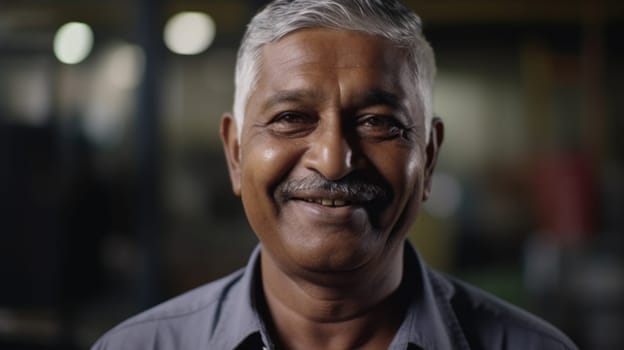 A smiling senior Indian male electronic factory worker standing in factory. Generative AI AIG19.