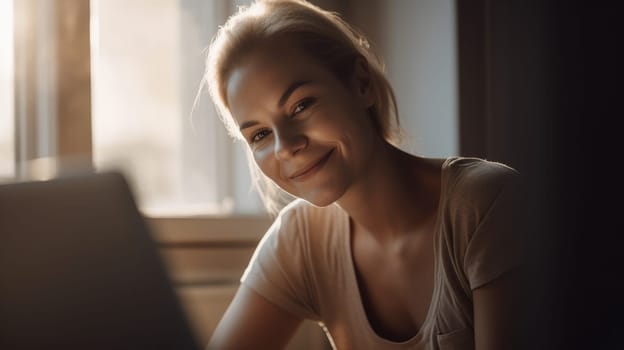 Woman smiling at a laptop computer in a warm-toned living room. generative AI AIG21.