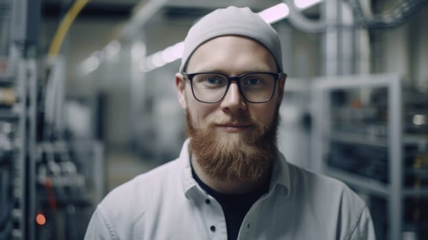 A smiling Swedish male electronic factory worker standing in factory. Generative AI AIG19.