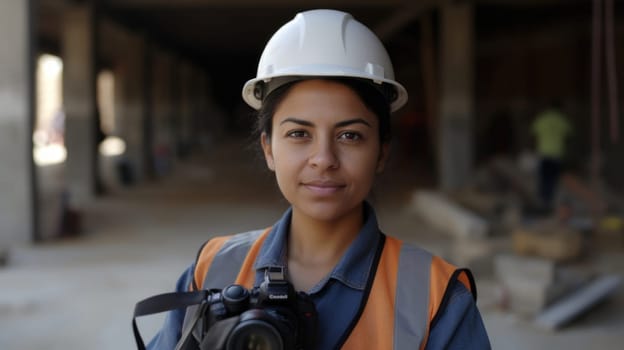 A smiling Hispanic female construction worker standing in construction site. Generative AI AIG19.
