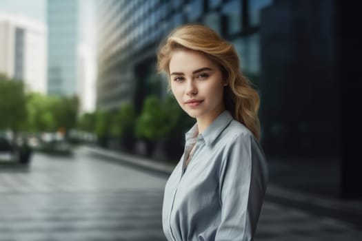 Young shy blonde girl in business attire, standing in busy office. Generative AI AIG20.