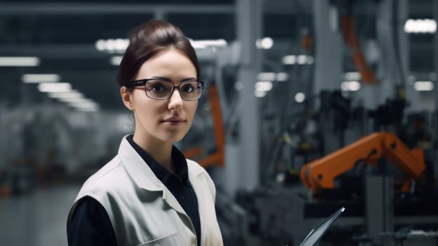 20s engineer woman, smiling face, standing in blur background of smart factory with robotic arms. Generative AI AIG20.