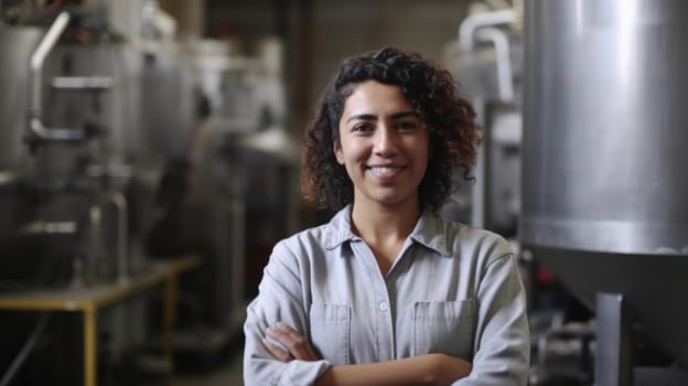 A smiling Hispanic female factory worker standing in metal sheet factory. Generative AI AIG19.