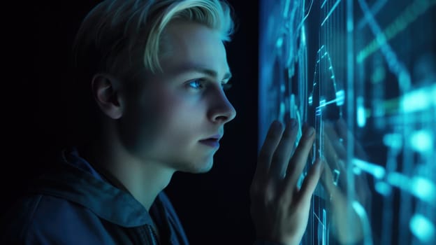 Young blonde male with wonder, curiosity, looking at holographic digital display, futuristic technology, innovation. Generative AI AIG20.