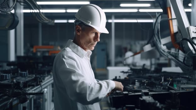 40s engineer, wearing safety uniform, standing in blur background of smart factory with robotic arms. Generative AI AIG20.