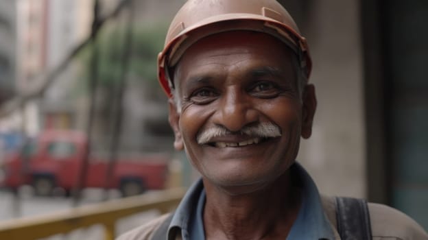 A smiling senior Indian male construction worker standing in construction site. Generative AI AIG19.