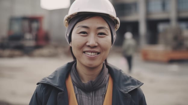 A smiling Chinese female construction worker standing in construction site. Generative AI AIG19.