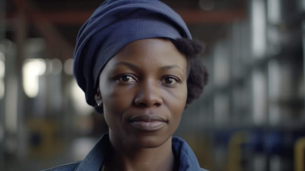 A smiling African female factory worker standing in oil refinery plant. Generative AI AIG19.