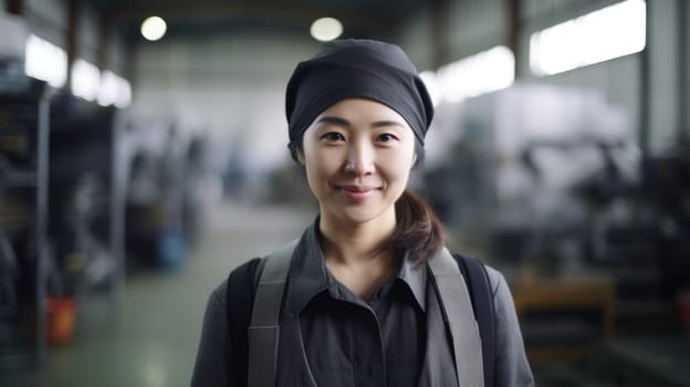 A smiling Chinese female factory worker standing in metal sheet factory. Generative AI AIG19.